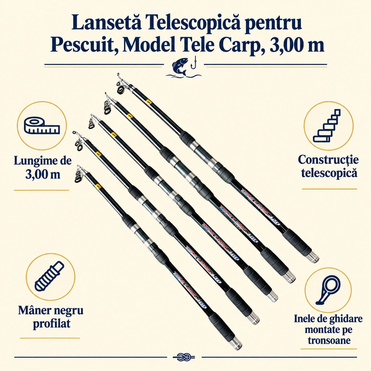 Lansetă Telescopică pentru Pescuit, Model Tele Carp, 3,00 m – caracteristici și beneficii