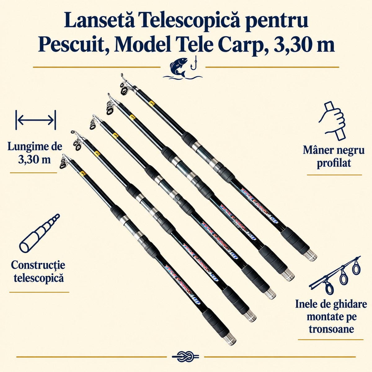 Lansetă Telescopică pentru Pescuit, Model Tele Carp, 3,30 m – caracteristici și beneficii
