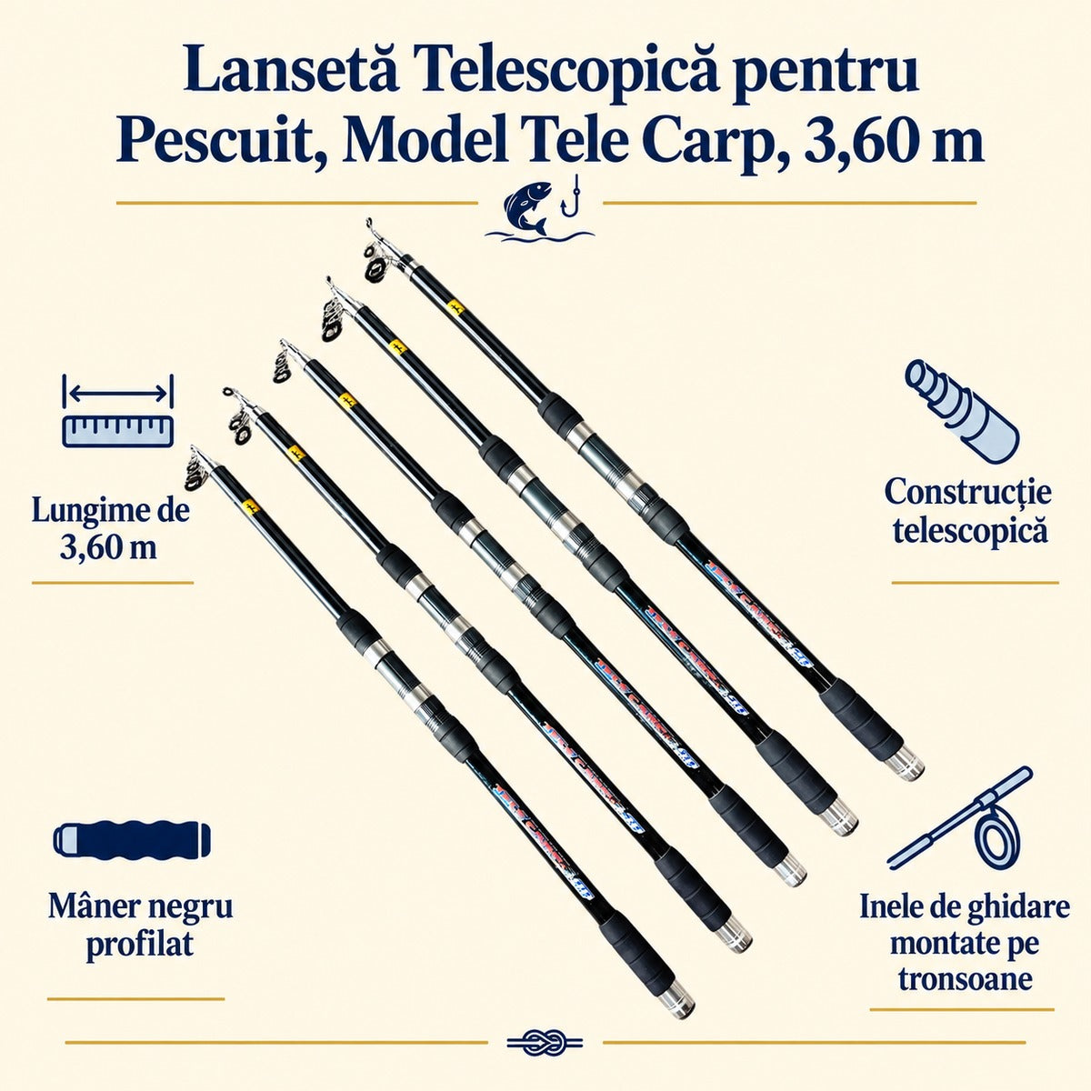 Lansetă Telescopică pentru Pescuit, Model Tele Carp, 3,60 m – caracteristici și beneficii