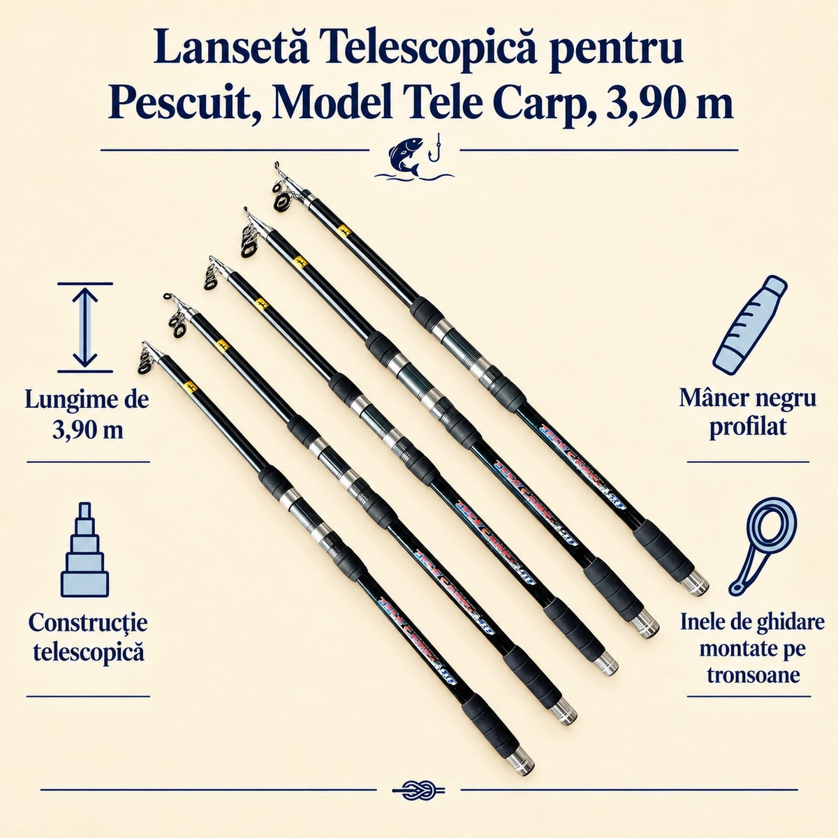 Lansetă Telescopică pentru Pescuit, Model Tele Carp, 3,90 m – caracteristici și beneficii