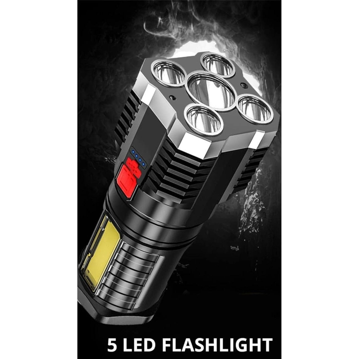 Lanterna cu 5 LEDuri, cu incarcare USB, lumina laterala, din ABS, 3 moduri de iluminare, autonomie 10h, rezistenta la apa, negru