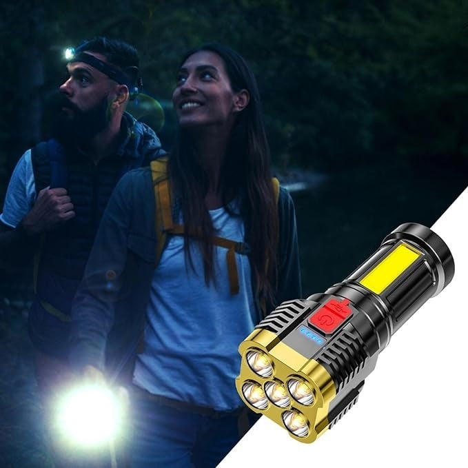 Lanterna cu 5 LEDuri, cu incarcare USB, lumina laterala, din ABS, 3 moduri de iluminare, autonomie 10h, rezistenta la apa, negru