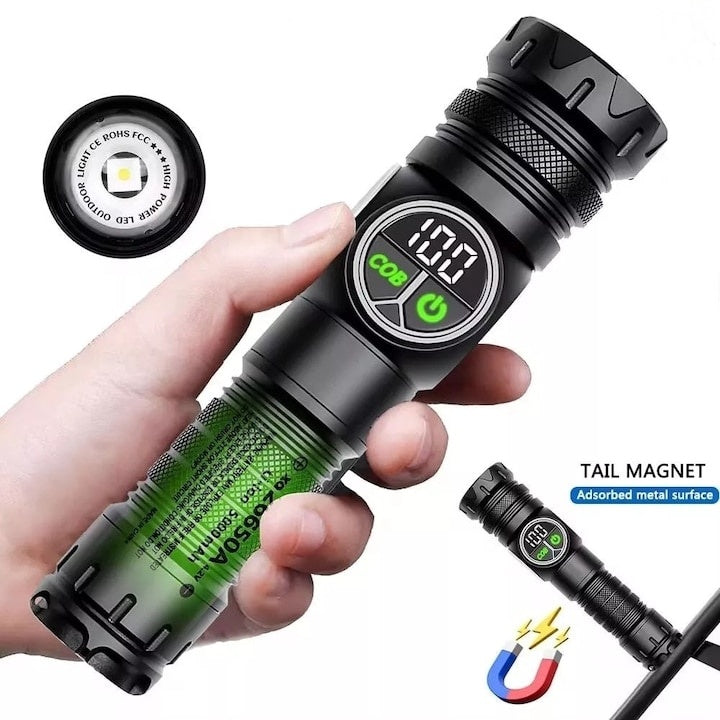Lanterna led, afisaj procent baterie, 9 moduri de functionare, reincarcabila, rezistenta la intemperii si apa, din aluminiu, magnet pentru fixare, iesire USB-C, negru