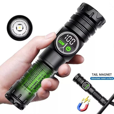 Lanterna led, afisaj procent baterie, 9 moduri de functionare, reincarcabila, rezistenta la intemperii si apa, din aluminiu, magnet pentru fixare, iesire USB-C, negru