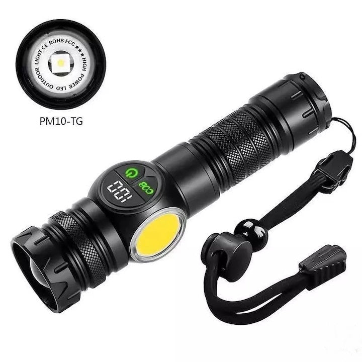 Lanterna led, afisaj procent baterie, 9 moduri de functionare, reincarcabila, rezistenta la intemperii si apa, din aluminiu, magnet pentru fixare, iesire USB-C, negru