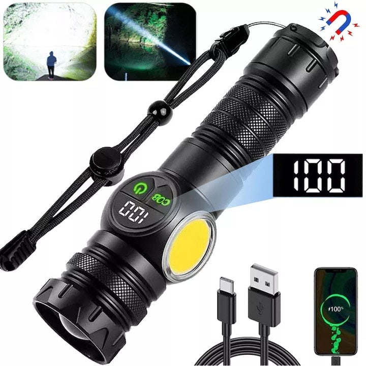Lanterna led, afisaj procent baterie, 9 moduri de functionare, reincarcabila, rezistenta la intemperii si apa, din aluminiu, magnet pentru fixare, iesire USB-C, negru