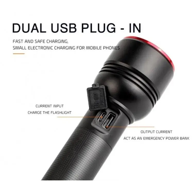 Lanterna LED multifunctionala, reincarcabila USB, din aliaj de aluminiu, 4 moduri de iluminare, functia de zoom si power bank, negru