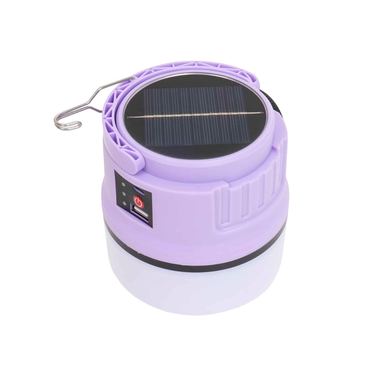Lanterna LED portabila pentru camping, incarcare solara si USB, mov, 5 moduri lumina