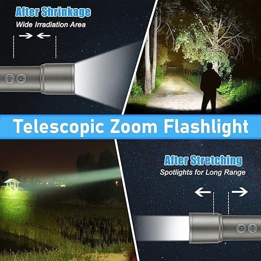 Lanterna LED, reincarcabile USB-C, cu 800 lumeni, cu comutator dublu, 9 moduri, IP65, lumini portabile, rezistente la apa, pentru urgente, camping, gri/galben