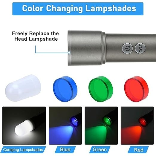 Lanterna LED, reincarcabile USB-C, cu 800 lumeni, cu comutator dublu, 9 moduri, IP65, lumini portabile, rezistente la apa, pentru urgente, camping, gri/galben