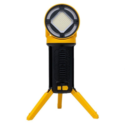 Lanterna tip proiector, cu trepied si maner, 5 moduri de iluminare, din ABS, cap rotativ, incarcare USB, inaltime 39cm, galben/negru