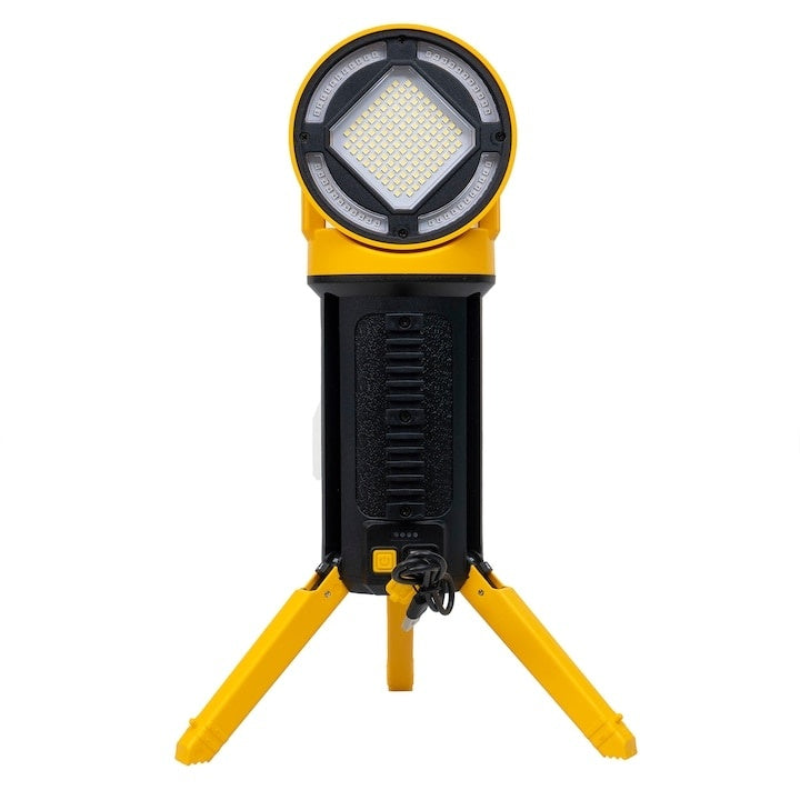 Lanterna tip proiector, cu trepied si maner, 5 moduri de iluminare, din ABS, cap rotativ, incarcare USB, inaltime 39cm, galben/negru