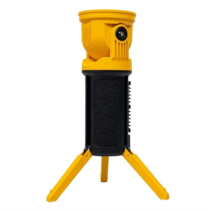 Lanterna tip proiector, cu trepied si maner, 5 moduri de iluminare, din ABS, cap rotativ, incarcare USB, inaltime 39cm, galben/negru