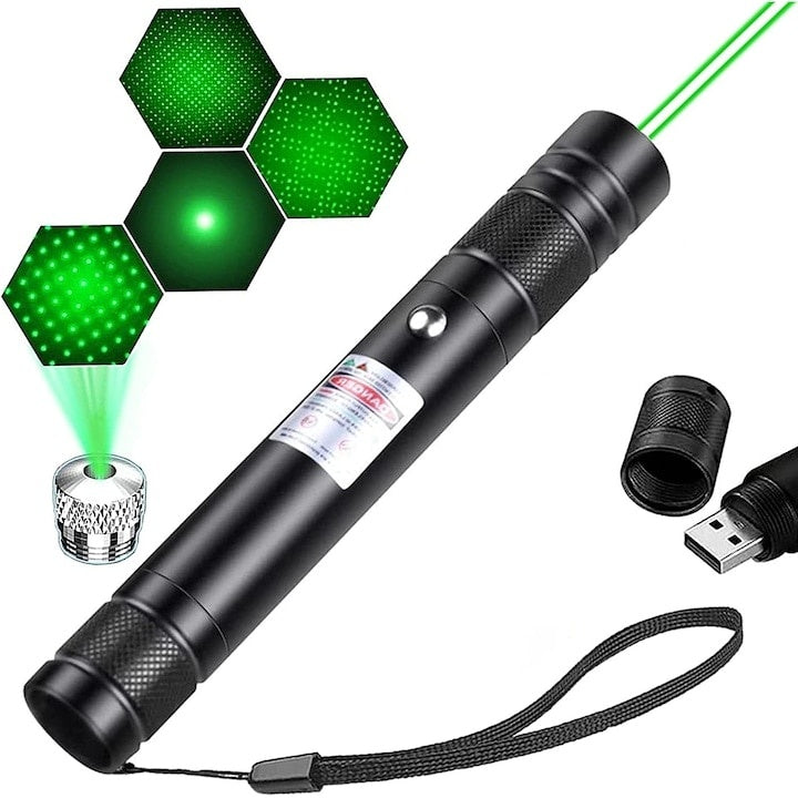 Laser cu efecte 3D, portabil, cu acumulator, incarcare USB, cu carcasa metalica, 5 capete interschimbabile, lumina verde, cu cheita de blocare/deblocare, negru