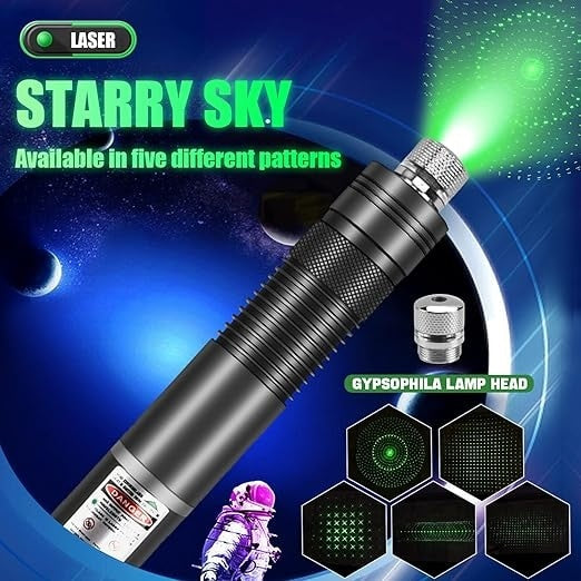 Laser cu efecte 3D, portabil, cu acumulator, incarcare USB, cu carcasa metalica, 5 capete interschimbabile, lumina verde, cu cheita de blocare/deblocare, negru