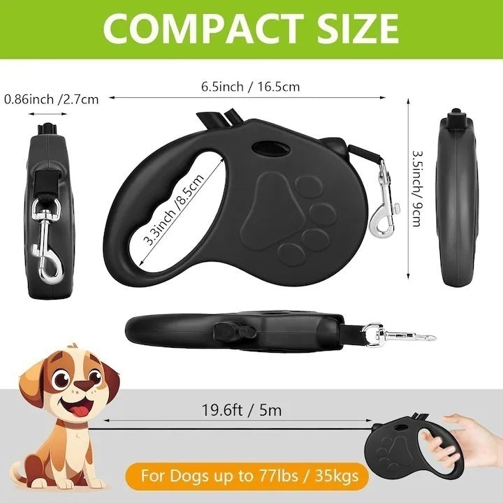 Lesa retractabila pentru caini, franare si blocare cu o singura mana, 5 m, ABS/Nylon, Alb