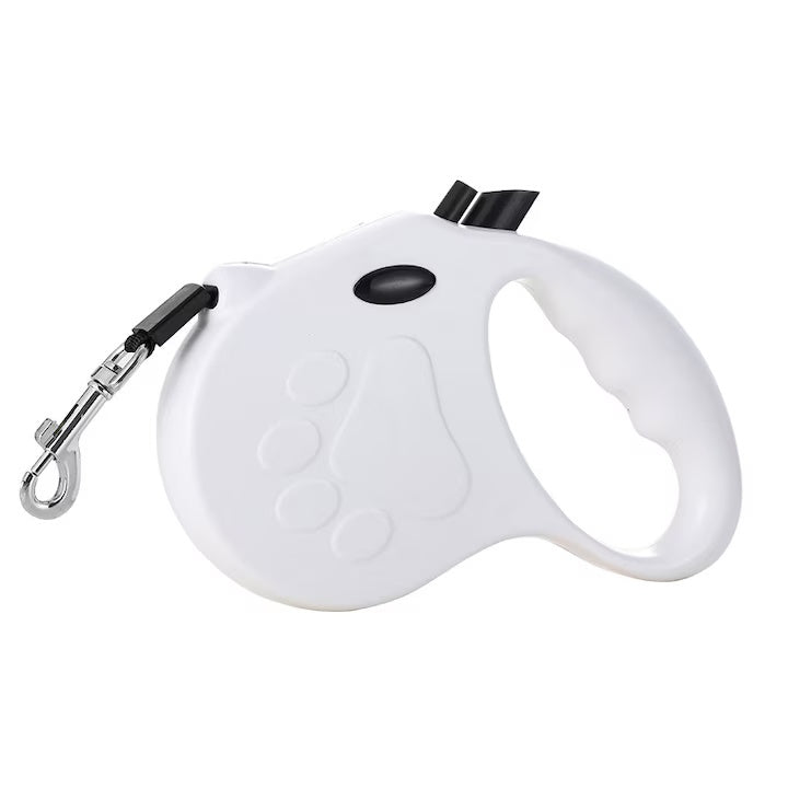 Lesa retractabila pentru caini, franare si blocare cu o singura mana, 5 m, ABS/Nylon, Alb