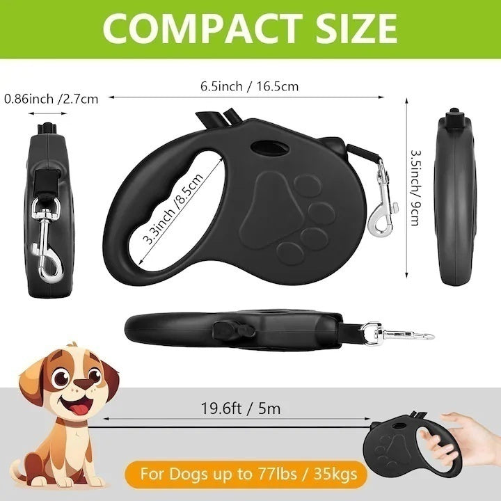 Lesa retractabila pentru caini, franare si blocare cu o singura mana, 5 m, ABS/Nylon, Negru