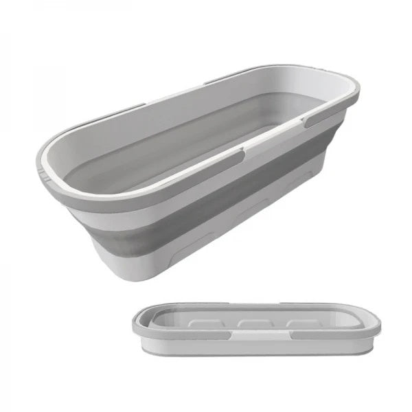 Lighean pliabil dreptunghiular, portabil, capacitate 8 L, dimensiuni 56 x 25.5 x 17 cm, cu 4 rotile mici pentru transport, usor de depozitat si curatat, alb/gri