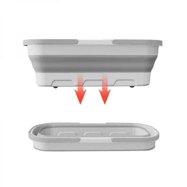 Lighean pliabil dreptunghiular, portabil, capacitate 8 L, dimensiuni 56 x 25.5 x 17 cm, cu 4 rotile mici pentru transport, usor de depozitat si curatat, alb/gri