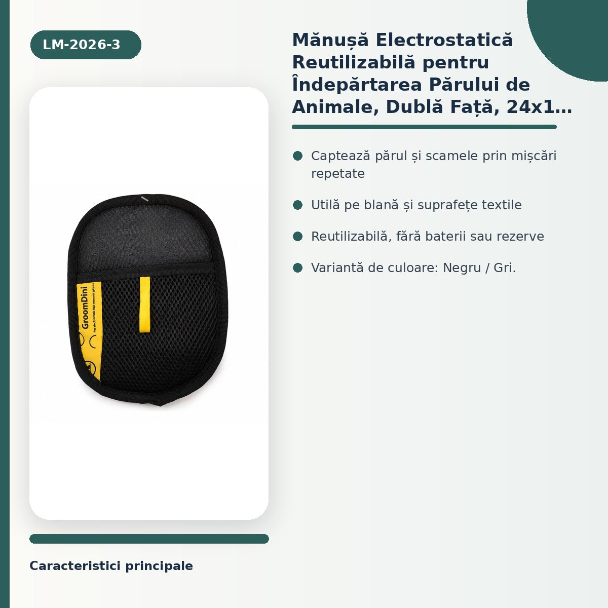 Mănușă Electrostatică Reutilizabilă pentru Îndepărtarea Părului de Animale, Dublă Față, 24x16 cm, Negru / Gri – imagine 3