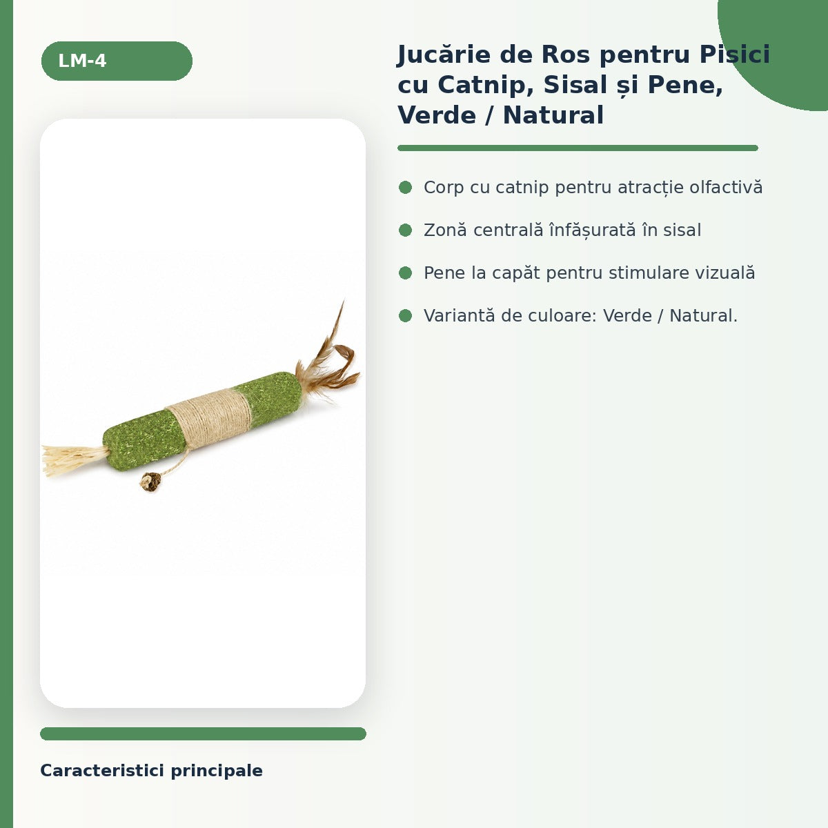 Jucărie de Ros pentru Pisici cu Catnip, Sisal și Pene, Verde / Natural – imagine 3