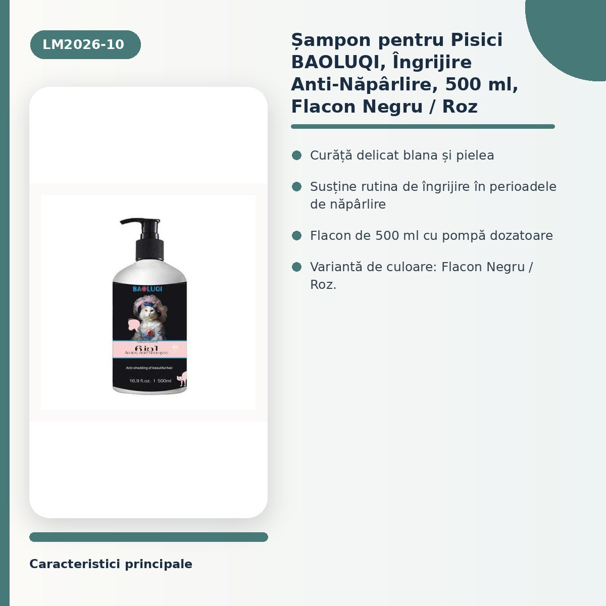 sampon pentru Pisici BAOLUQI, ingrijire Anti-Naparlire, 500 ml, Flacon Negru / Roz – imagine 3