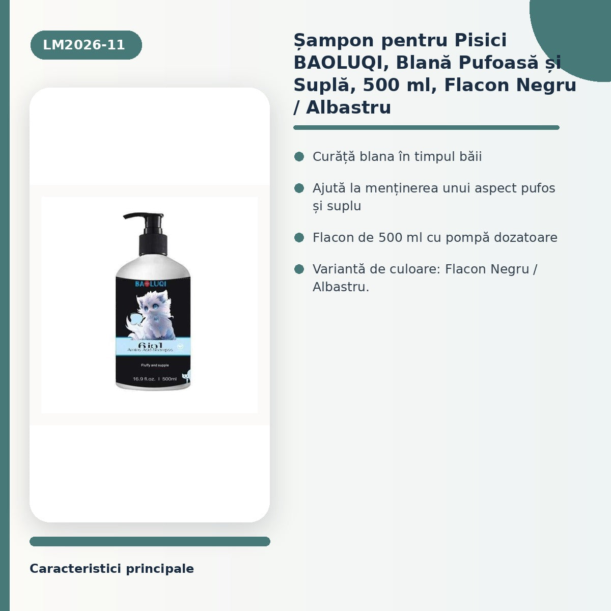 Șampon pentru Pisici BAOLUQI, Blană Pufoasă și Suplă, 500 ml, Flacon Negru / Albastru – imagine 3