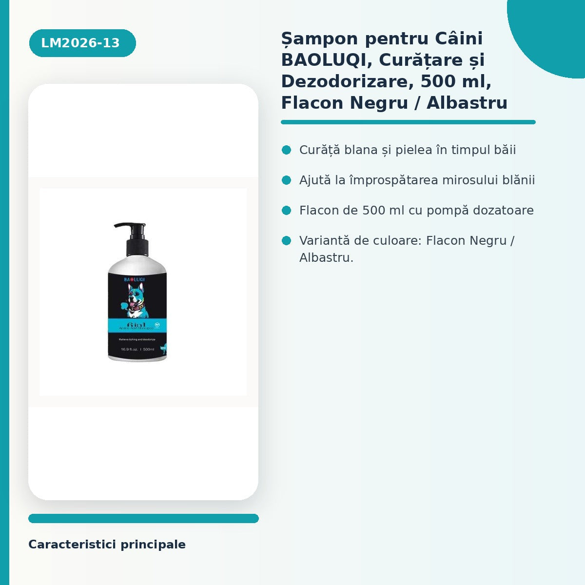 sampon pentru Caini BAOLUQI, Curatare si Dezodorizare, 500 ml, Flacon Negru / Albastru – imagine 3