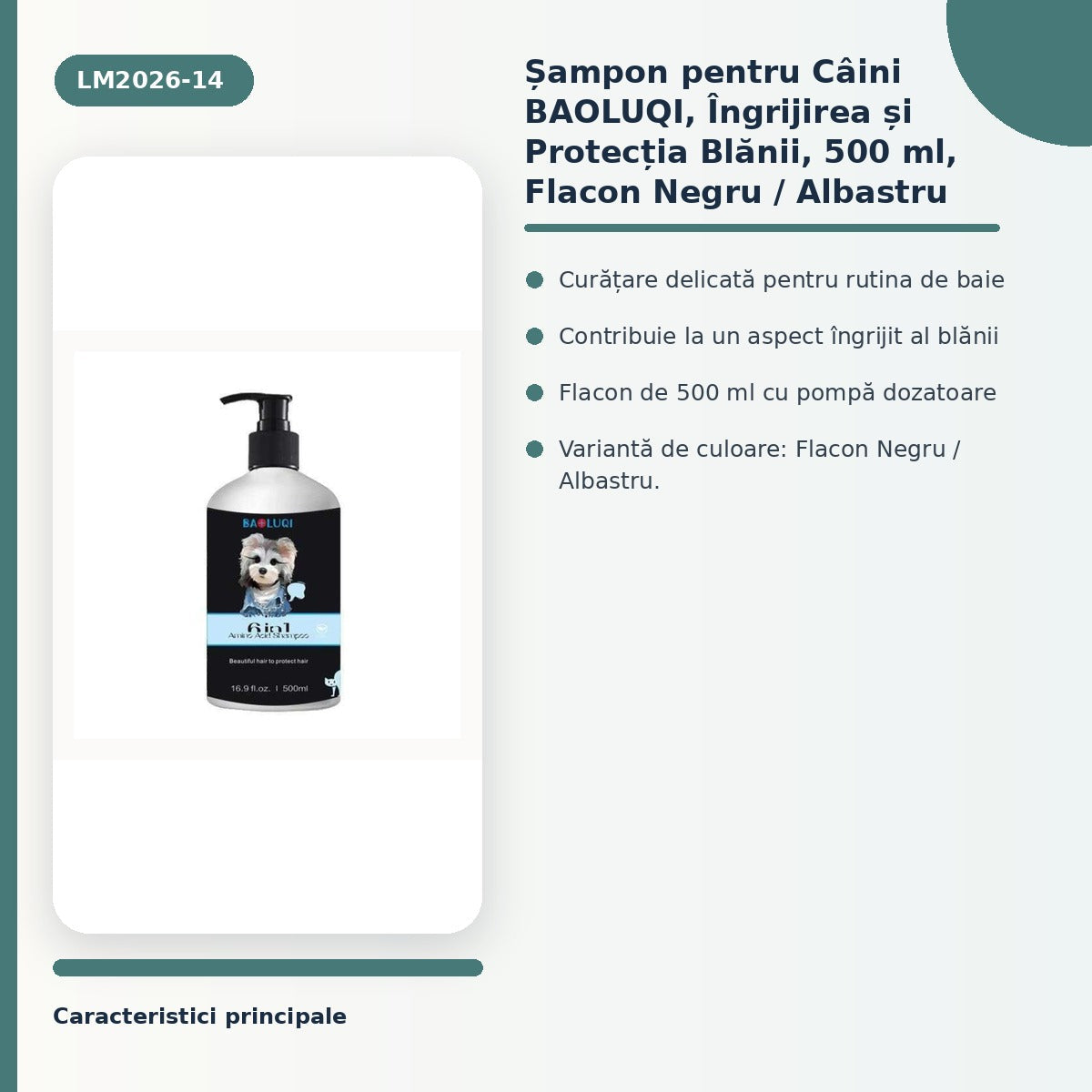 sampon pentru Caini BAOLUQI, ingrijirea si Protectia Blanii, 500 ml, Flacon Negru / Albastru – imagine 3