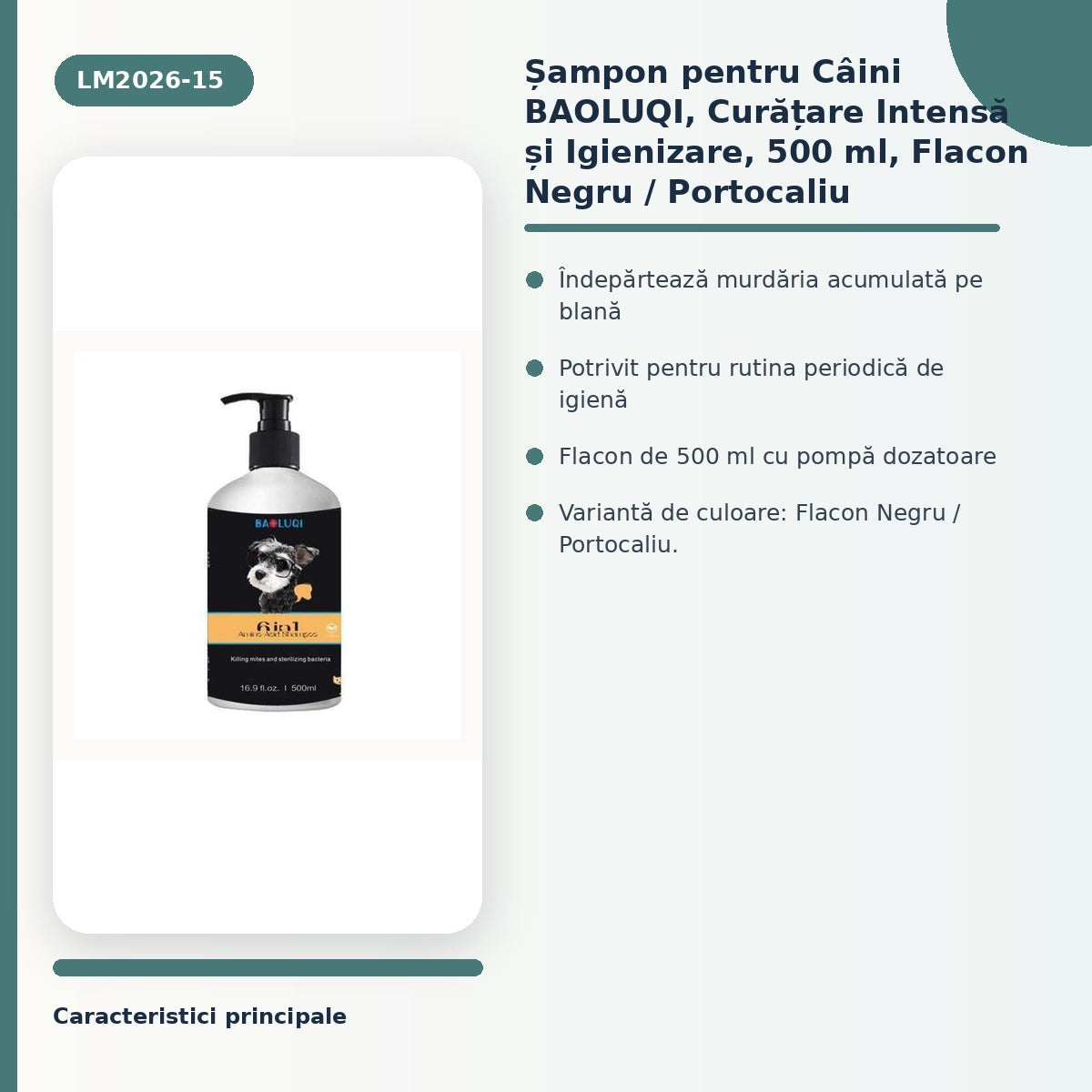 sampon pentru Caini BAOLUQI, Curatare Intensa si Igienizare, 500 ml, Flacon Negru / Portocaliu – imagine 3