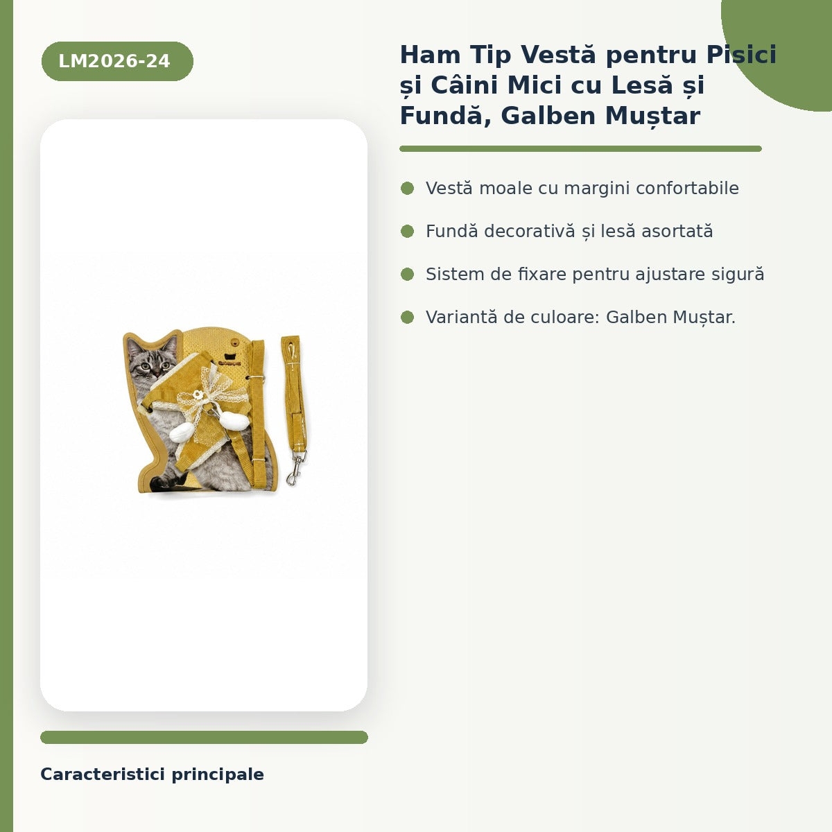 Ham Tip Vestă pentru Pisici și Câini Mici cu Lesă și Fundă, Galben Muștar – imagine 3