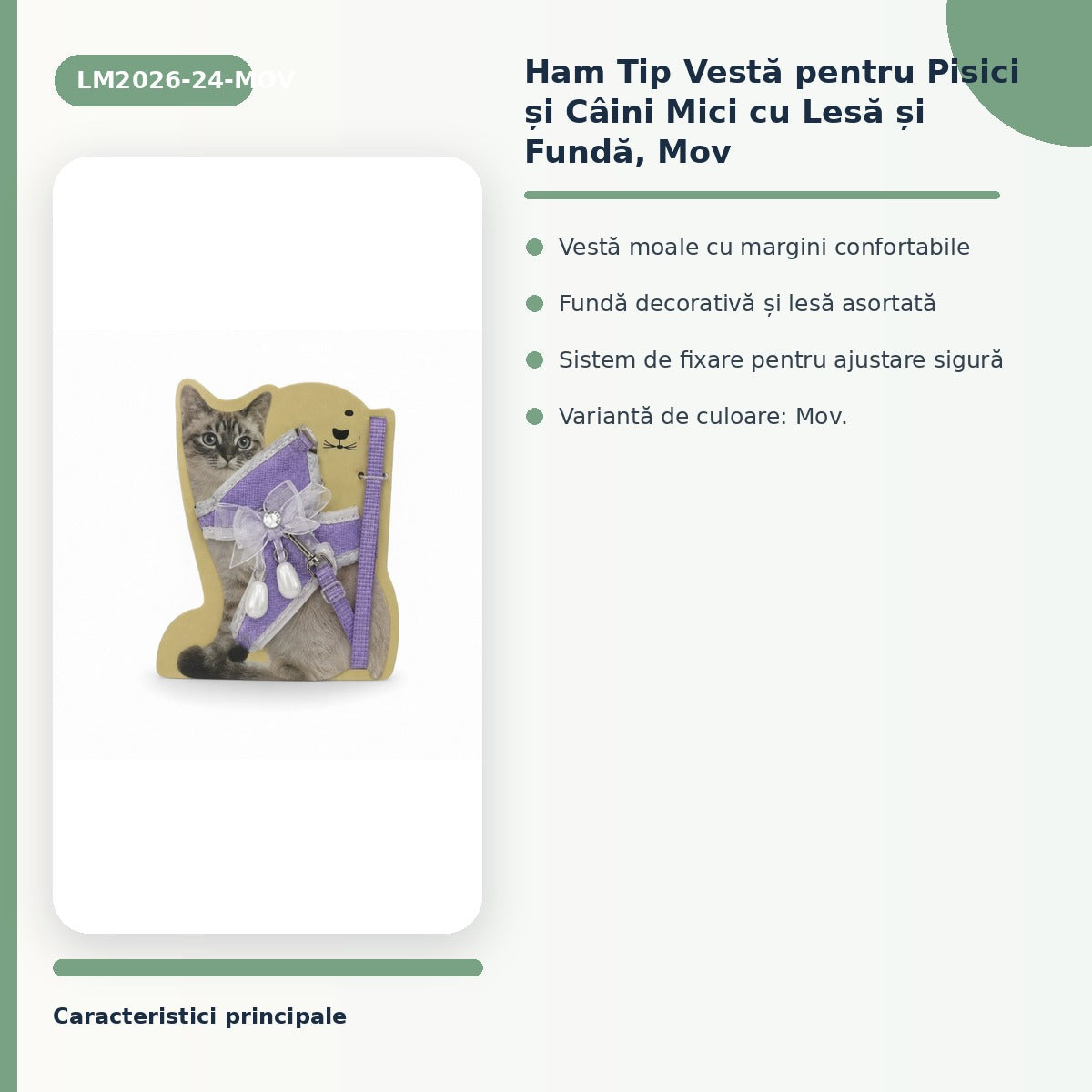 Ham Tip Vesta pentru Pisici si Caini Mici cu Lesa si Funda, Mov – imagine 3
