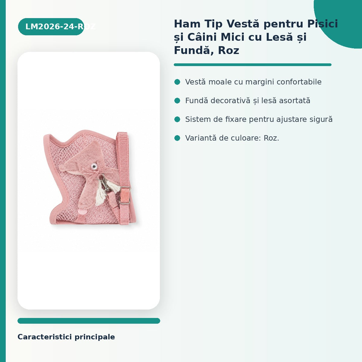 Ham Tip Vestă pentru Pisici și Câini Mici cu Lesă și Fundă, Roz – imagine 3