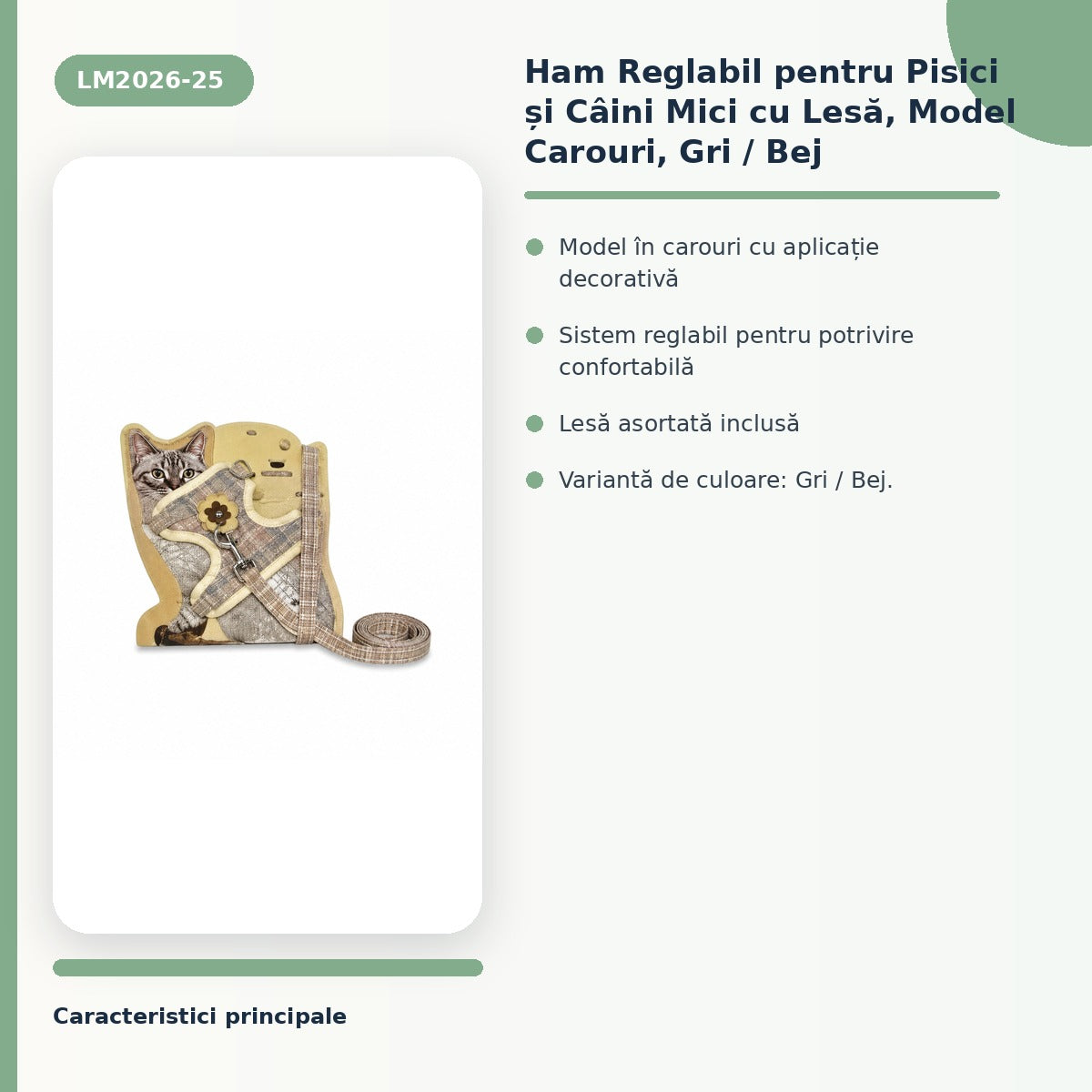 Ham Reglabil pentru Pisici și Câini Mici cu Lesă, Model Carouri, Gri / Bej – imagine 3