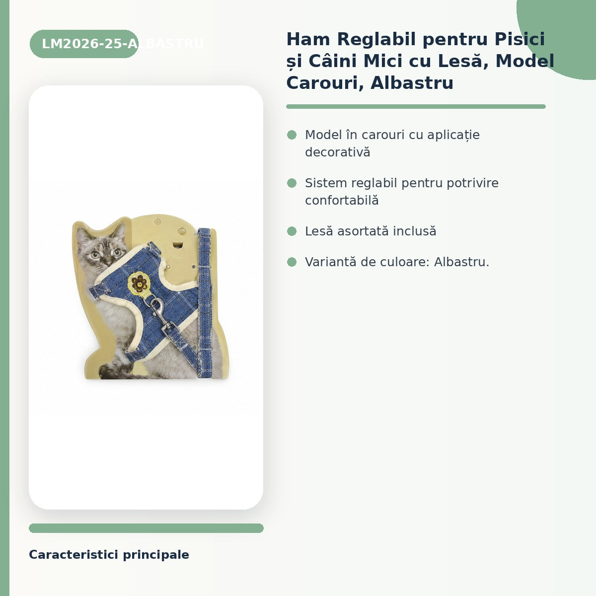 Ham Reglabil pentru Pisici și Câini Mici cu Lesă, Model Carouri, Albastru – imagine 3