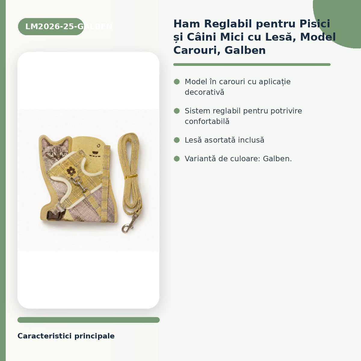 Ham Reglabil pentru Pisici și Câini Mici cu Lesă, Model Carouri, Galben – imagine 3