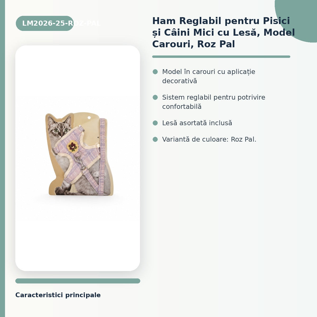 Ham Reglabil pentru Pisici și Câini Mici cu Lesă, Model Carouri, Roz Pal – imagine 3