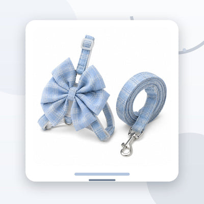 Set Zgardă și Lesă pentru Pisici și Câini Mici, cu Fundă Mare, Bleu – imagine 2