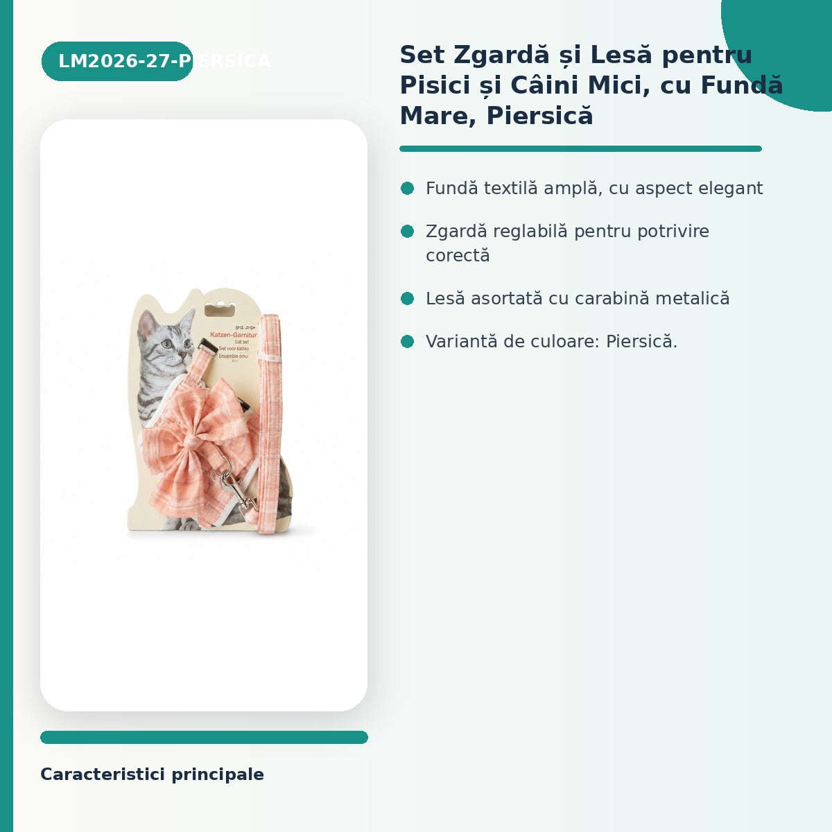 Set Zgarda si Lesa pentru Pisici si Caini Mici, cu Funda Mare, Piersica – imagine 3
