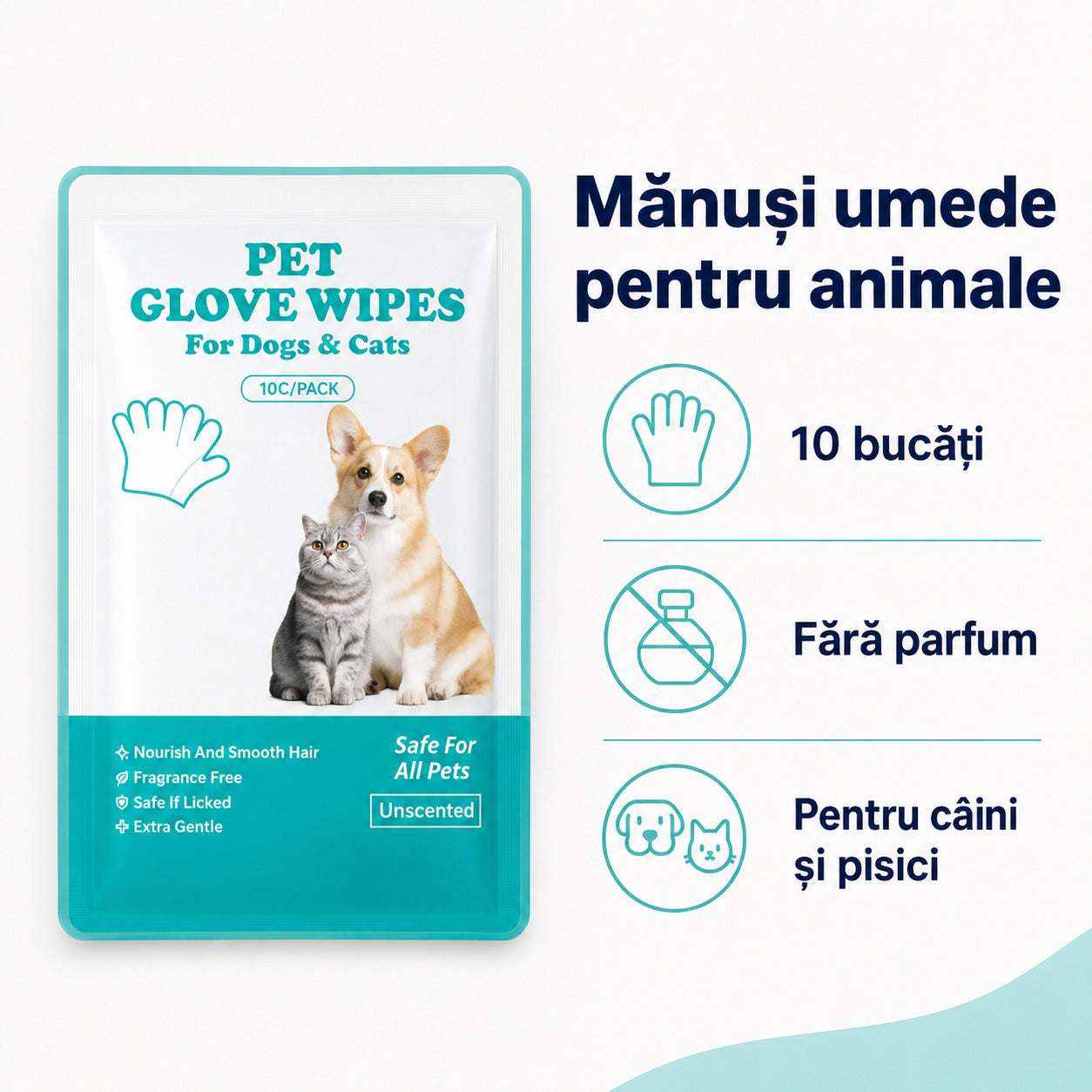 Mănuși Umede pentru Curățarea Câinilor și Pisicilor, Fără Parfum, 10 Bucăți – imagine 3
