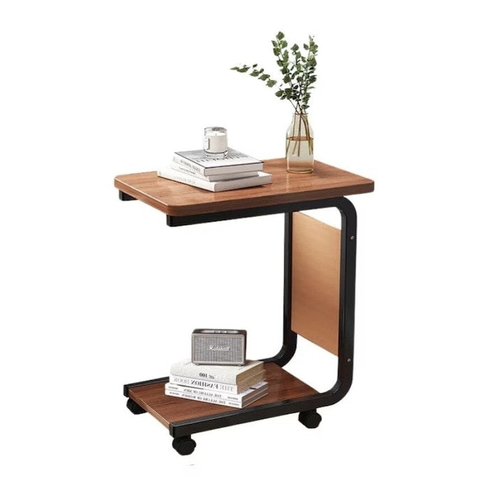 Masa de cafea, cu 2 polite si buzunar lateral, din lemn si metal, cu roti pentru transport usor, dimensiuni 65 X 30 cm, maro/negru