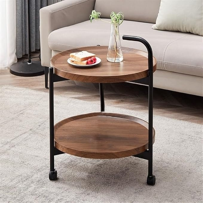Masa de cafea, cu maner lateral, depozitare pe etaje, cu roti pentru transport usor, din lemn si metal, maro/negru