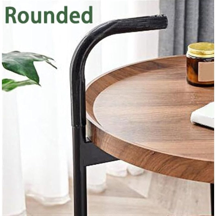 Masa de cafea, cu maner lateral, depozitare pe etaje, cu roti pentru transport usor, din lemn si metal, maro/negru