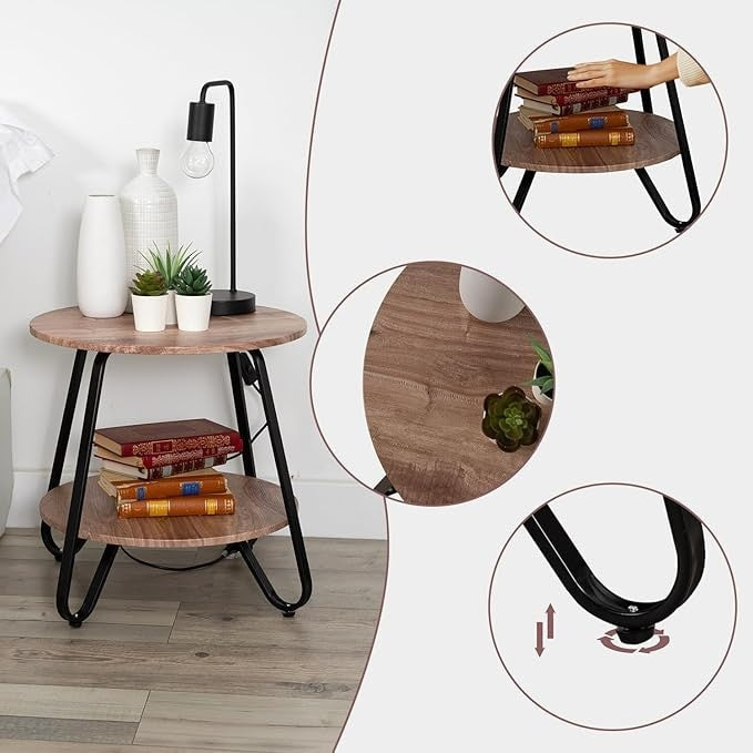 Masa de cafea, din metal si lemn, cu 2 nivele, dimensiuni 53X50 cm, cu margini rotunjite, pentru livingsi bucatarie, negru/maro