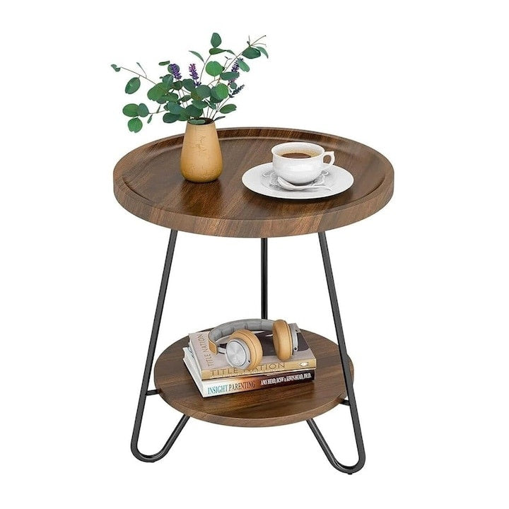 Masa de cafea, din metal si lemn, cu 2 nivele, dimensiuni 53X50 cm, cu margini rotunjite, pentru livingsi bucatarie, negru/maro