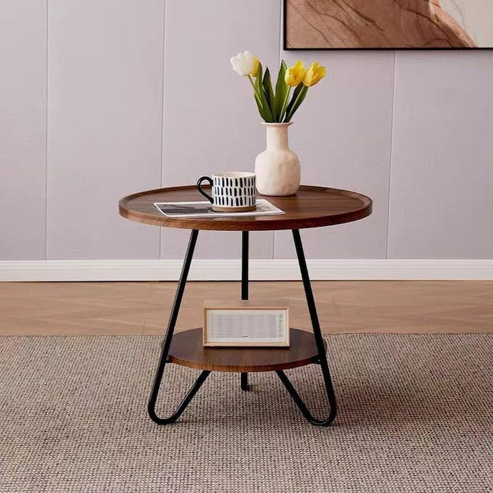 Masa de cafea, din metal si lemn, cu 2 nivele, dimensiuni 53X50 cm, cu margini rotunjite, pentru livingsi bucatarie, negru/maro