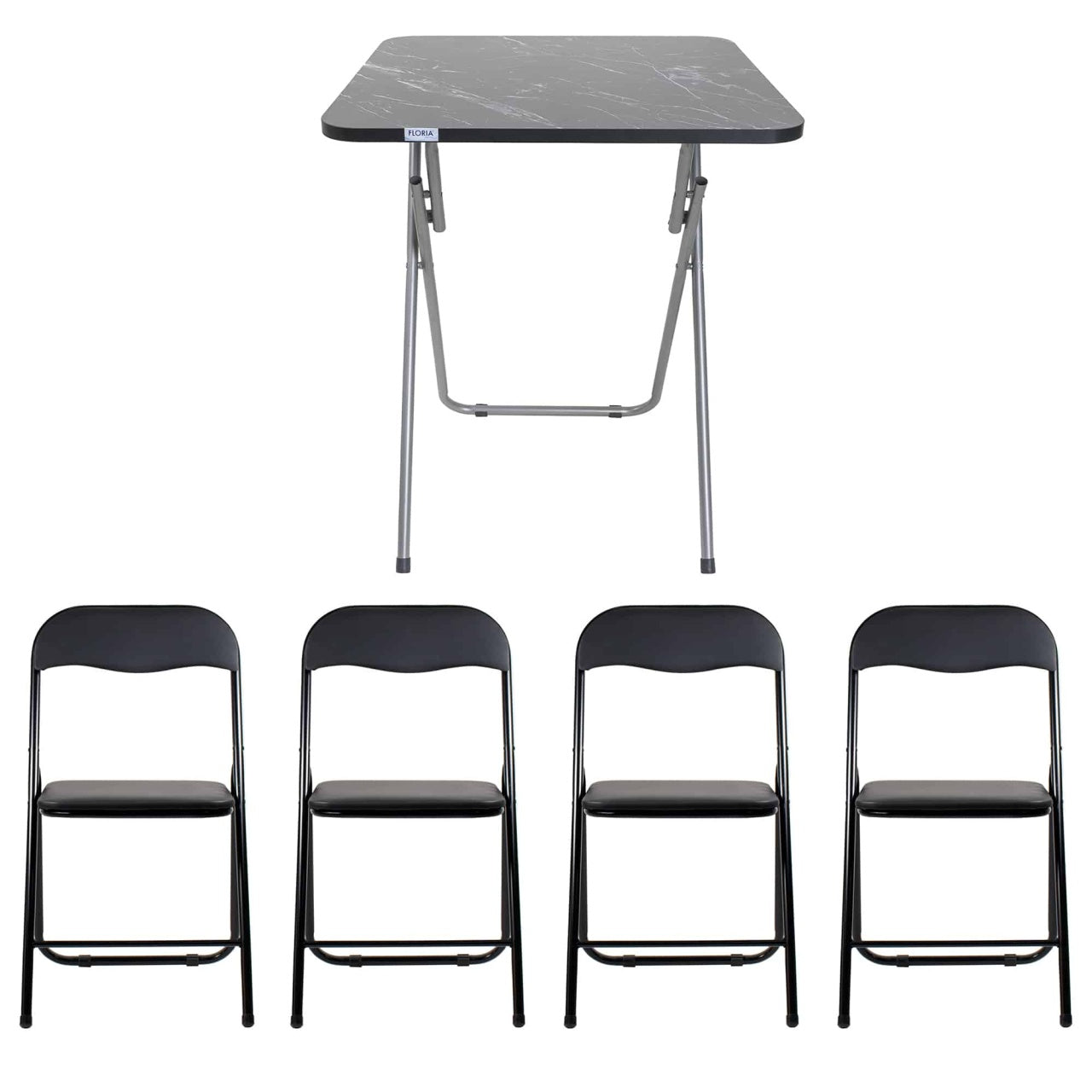 Masa plianta cu blat MDF 60x60x72cm negru + 4 scaune pliabile bucatarie