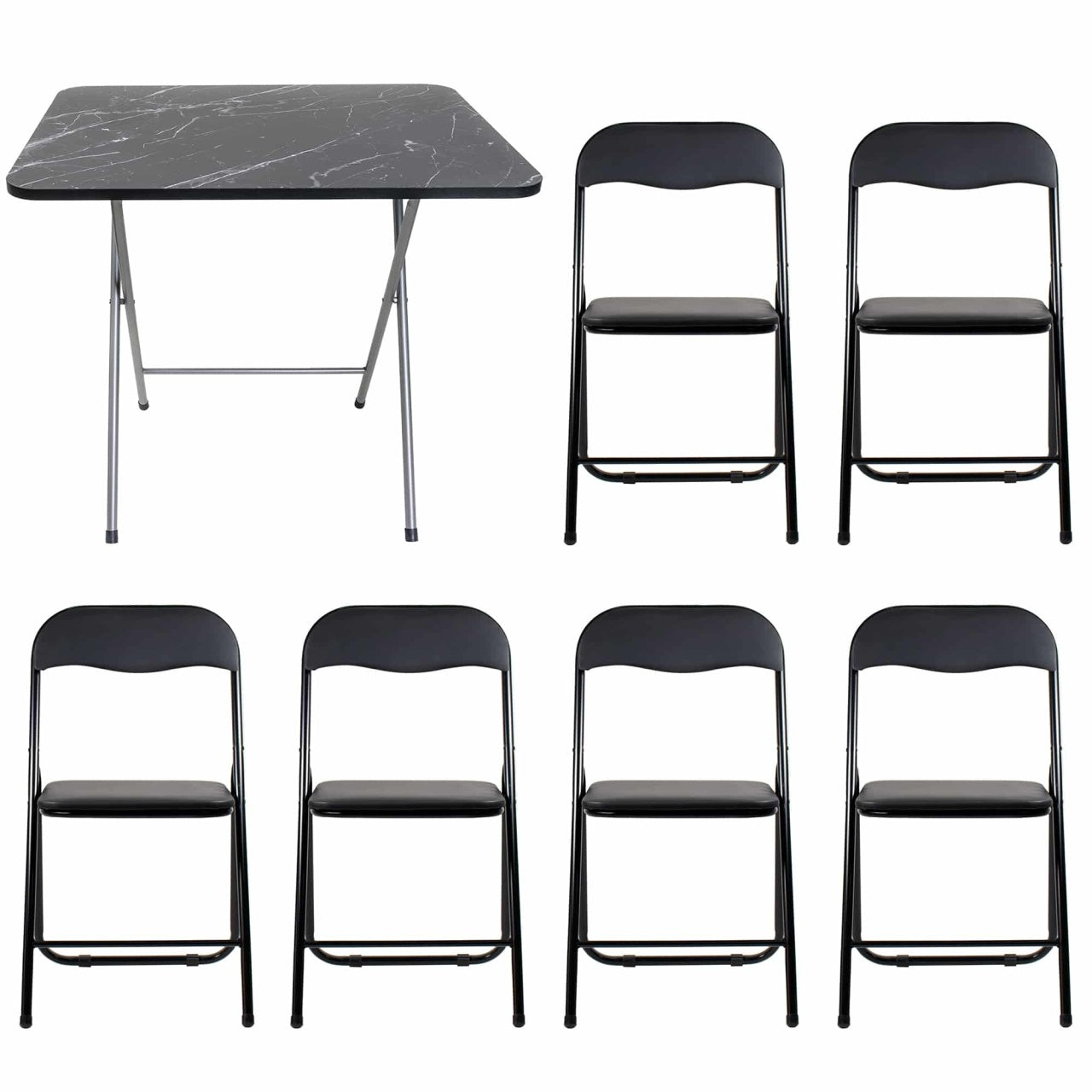 Masa plianta cu blat MDF 60x80x70cm si set 6 scaune bucatarie pliabile, negru