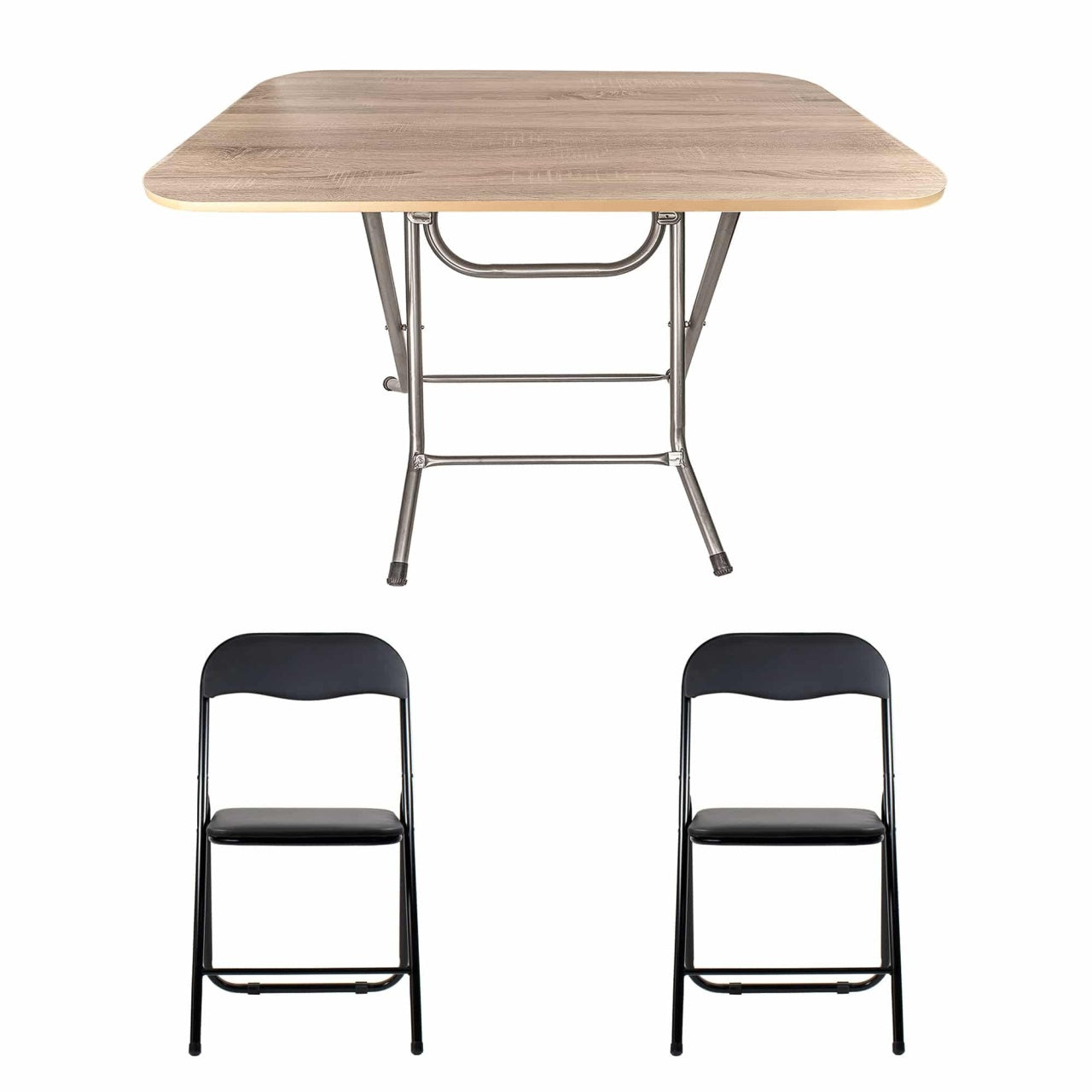 Masa plianta cu blat MDF 70x120x73 cm + 2 scaune bucatarie pliabile metalice